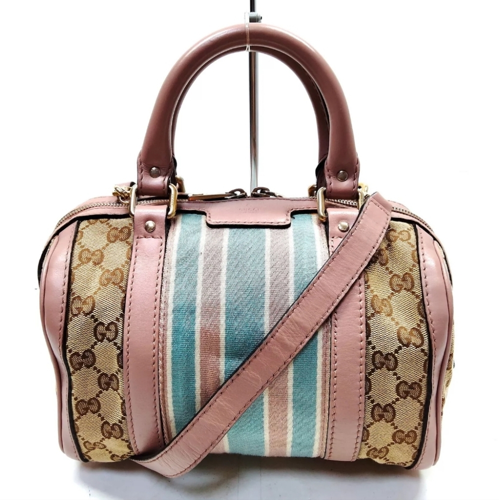 GUCCI Mini Crossbody Boston Bag  Brown Pink GG Canvas Leather Purse EUC
